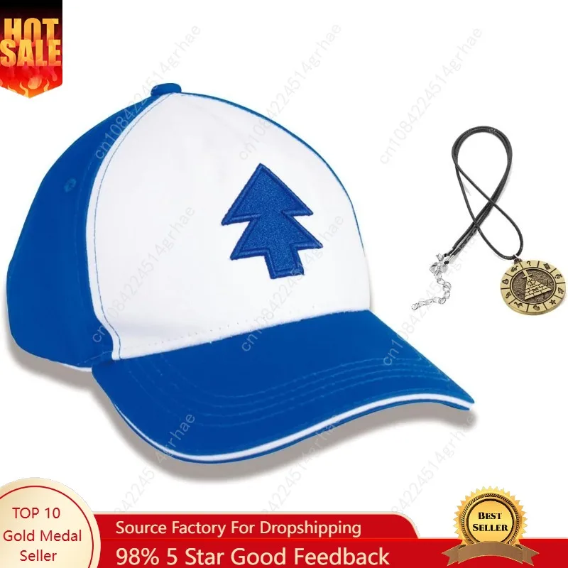 

FOFODUCK Dipper Hat Embroidered Blue Fir Dipper's Cap Baseball Cap with Bill Cipher Necklace