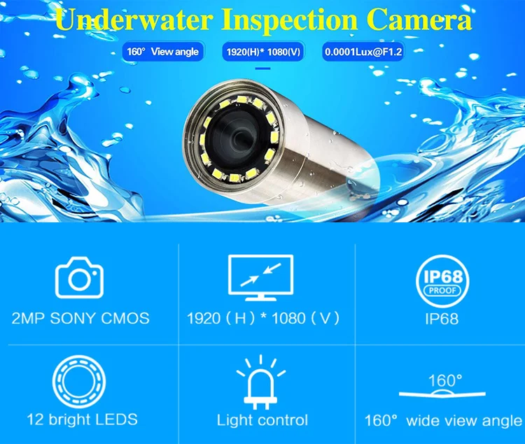 3rd 2MP IP68 Underwater Stainless Steel Housing Fishing Camera 90 degree Submarine Diving Swimming Pool Inspection Camera