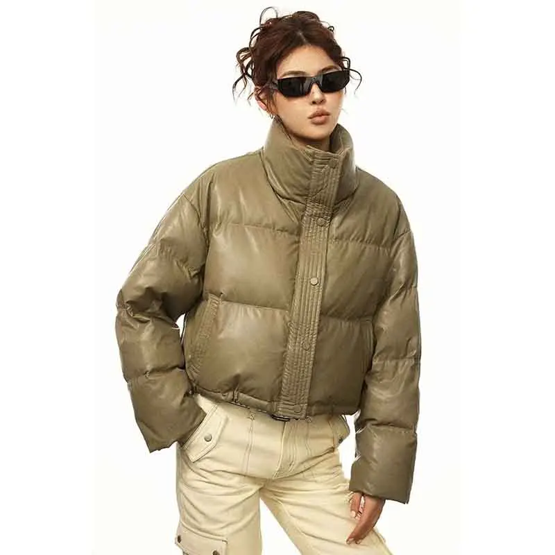 Fashion Faux Pu Puffy Crop Parkas Women Y2K American Streetwear Biker Stand Collar Jackets Female Long Sleeve Warm Down Coats