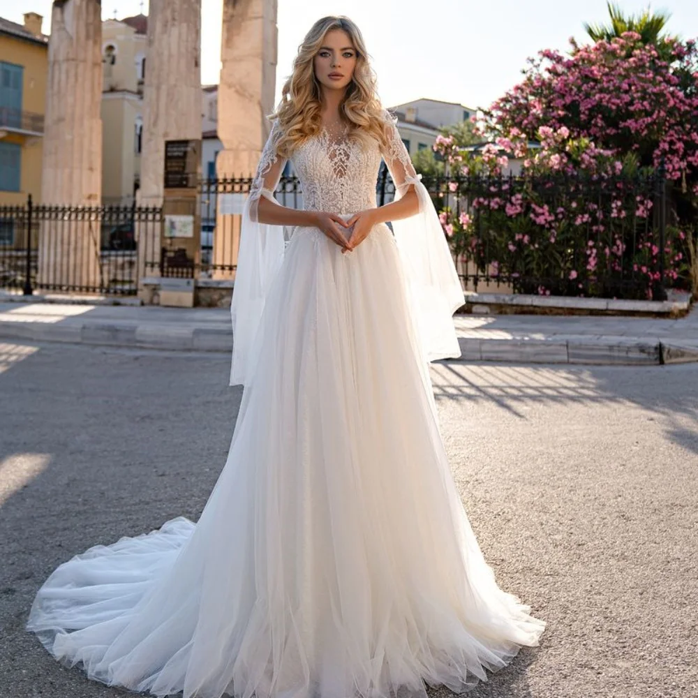 

Lorencia Elegant White A Line Long Sleeve Wedding Dress 2024 Boho V Neck Lace Applique Beading Bride Gown Vestido De Novia YAW47