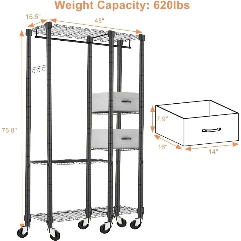 Heavy Duty Clothes Rack with Shelves, Garment Rack with Drawers, Clothing Racks with Wheels, Portable Clothing Storage Rack