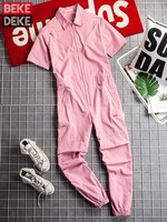 Streetwear Fashion Men Hip Hop One Piece Overalls Pink Short Sleeve Jumpsuit Harajuku Joggers Suspenders Cargo Bib Pants Pockets