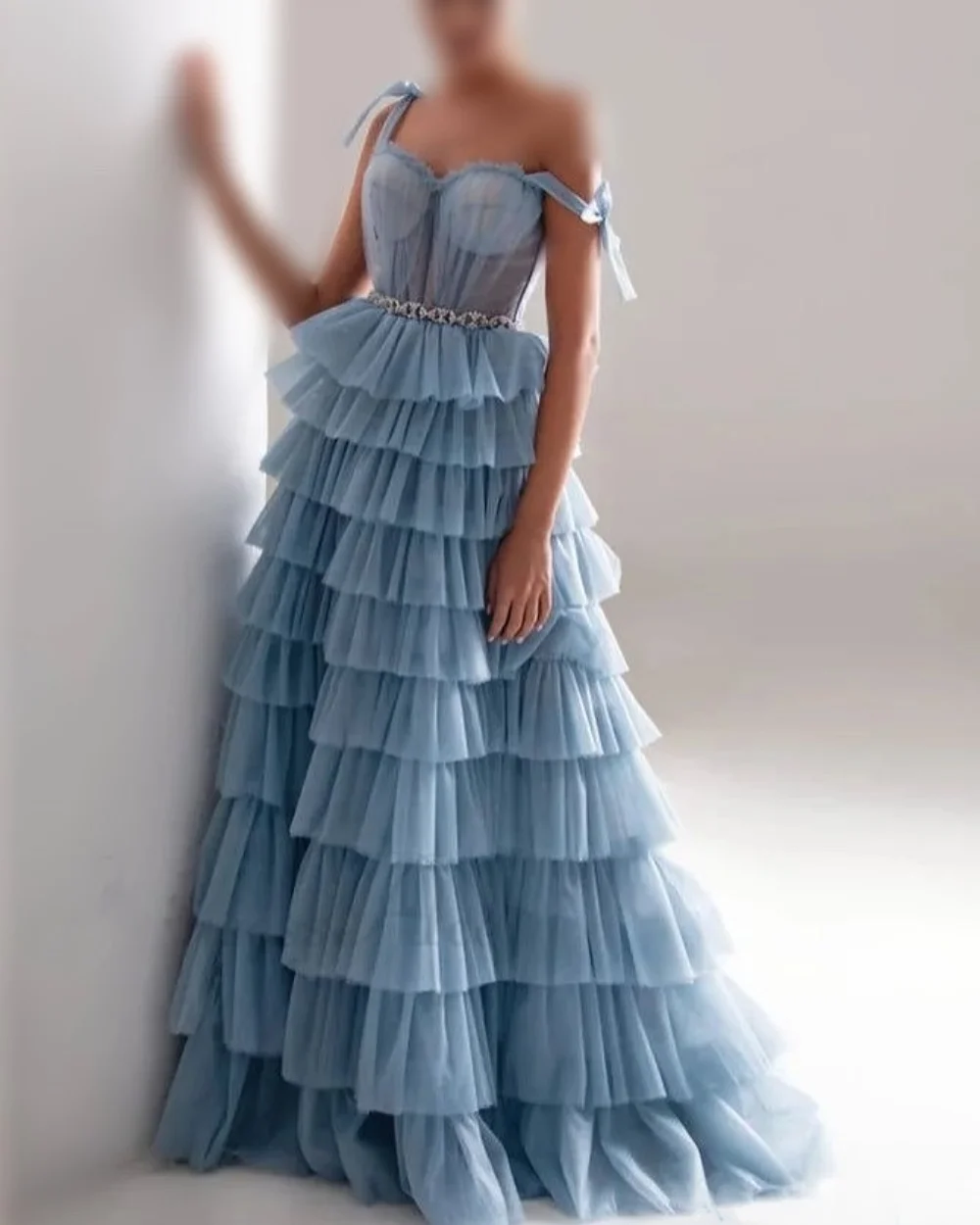 

Customized Exquisite Modern Style Tulle Tiered Draped Rhinestone A-line Spaghetti strap Long Dresses Bespoke Occasion Dresses