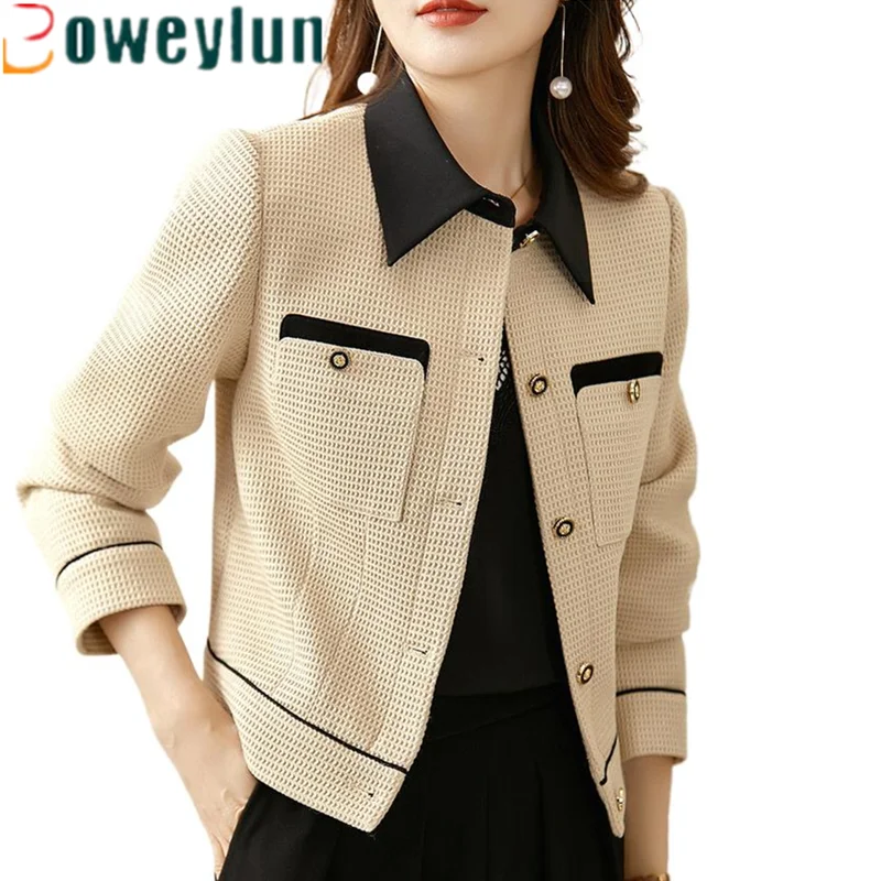 Boweylun Spring and Autumn New Color Collision Waffle Short Jacket Women Long-sleeved Single-breasted Lapel Coat