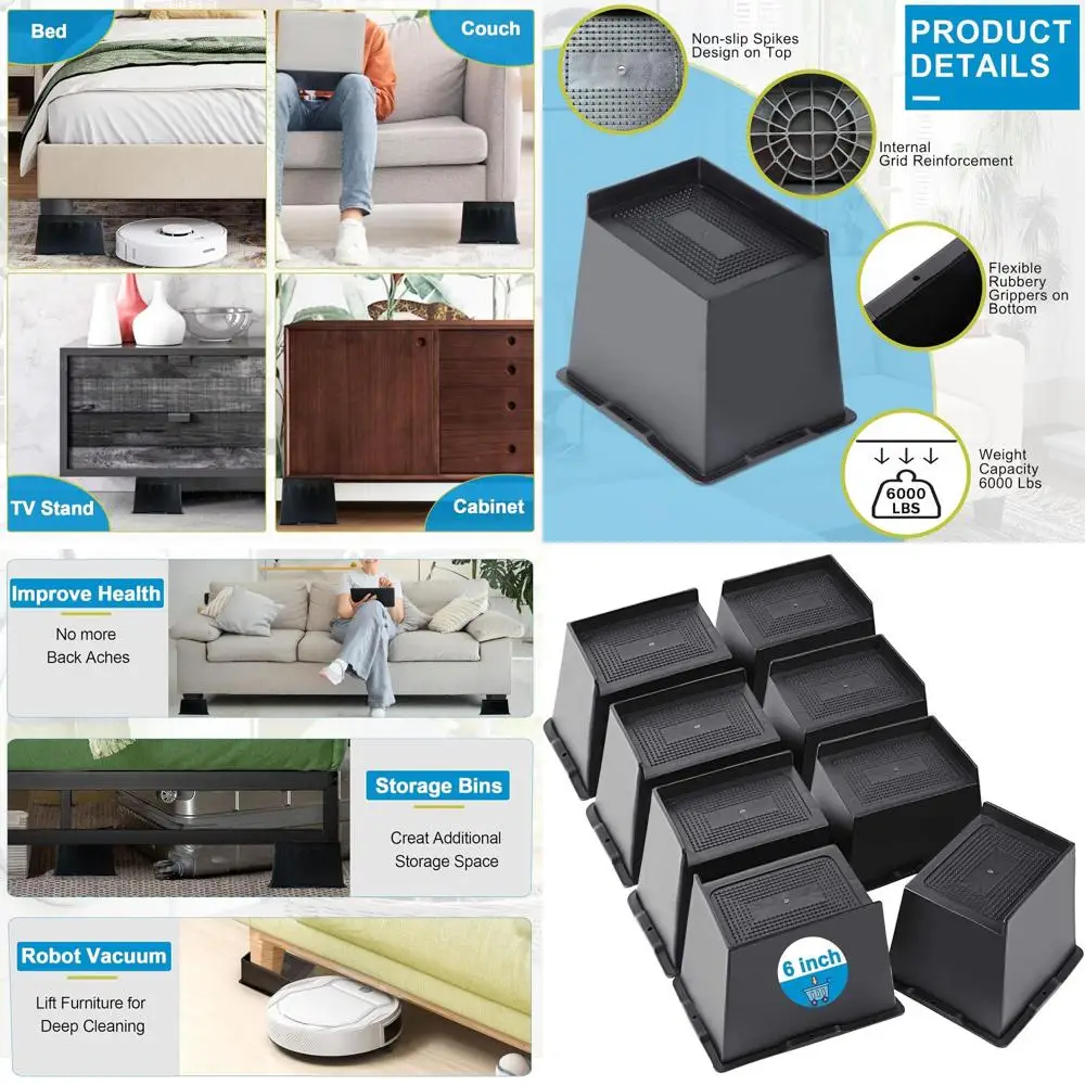 6 Heavy-Duty Furniture Riser, 8-Pack, Supports 6000 Lbs, 6 Black for Couch, Sofa, Table, Chair, Desk, Dorm