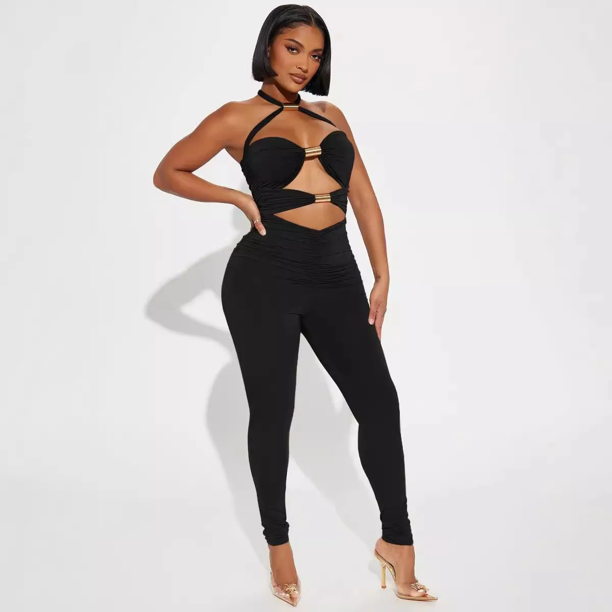 Women's sexy cut-out metal tube splicing halter pants with small leg jumpsuit