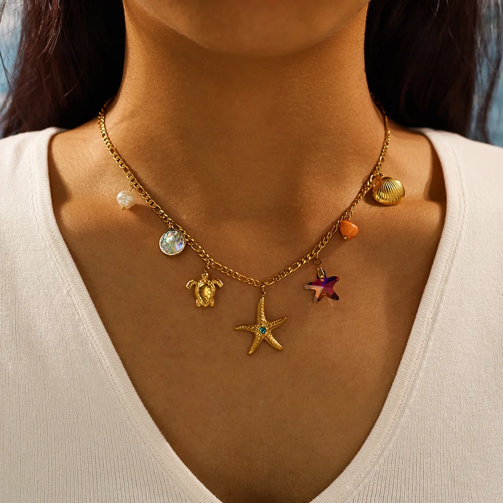 

Ailodo Stainless Steel Starfish Shell Turtle Pendant Necklace For Women Bohemian Summer Beach Necklace Simple Fashion Jewelry