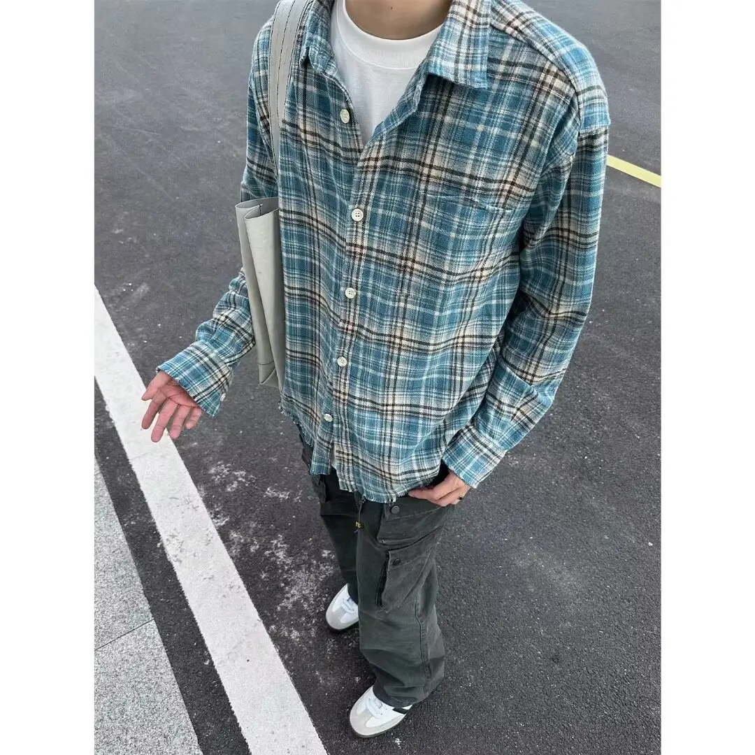 

Loose Men's Plaid irt American Sle Retro Streetwear Autumn Winter plus Size 250 Pou Couple's Outerwear Button up Long ...