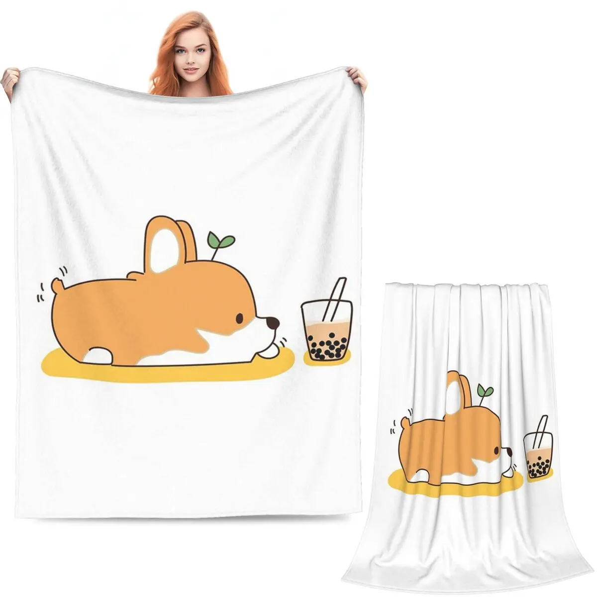 Corgi And Bubble Tea Blanket Soft Warm Flannel Throw Blanket Plush for Bed Living room Picnic Travel Home Sofa