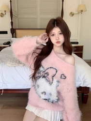 Japanese Kawaii Cat O-neck Lazy Sweaters Women Autumn Sweet Pink Knitted Pullover Y2k E-Girl Waterproof Tops Faux Fur Vintage