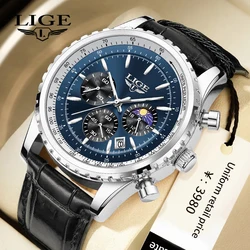 LIGE Fashion Luxury Man Watch Leather Strap Casual Sports Watches Men Moon Phase Chronograph Waterproof Date Quartz Wristwatches