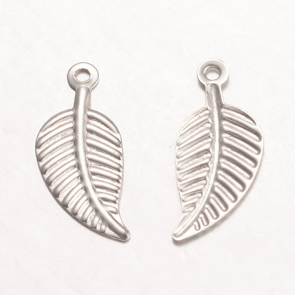 200pcs Tarnish Resistant 316 Surgical Stainless Steel Pendants Leaf Stainless Steel color 14x6x0.5mm Hole: 1mm
