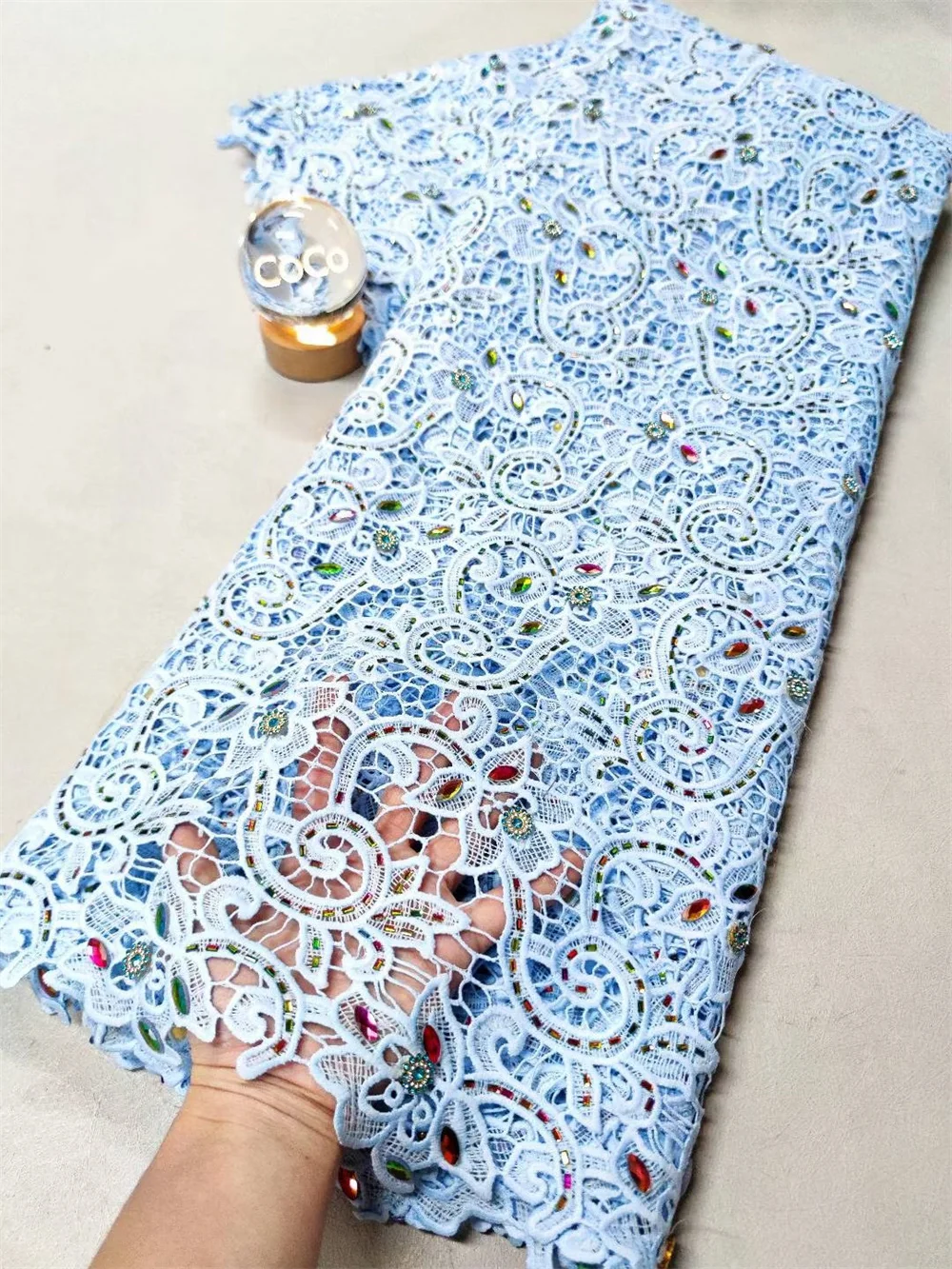 

African Chiffon Lace Fabric 2025 High Quality Nigerian Sky Blue Milk Silk Wedding Material for Women Stone Design 5 Yards Hm41-1