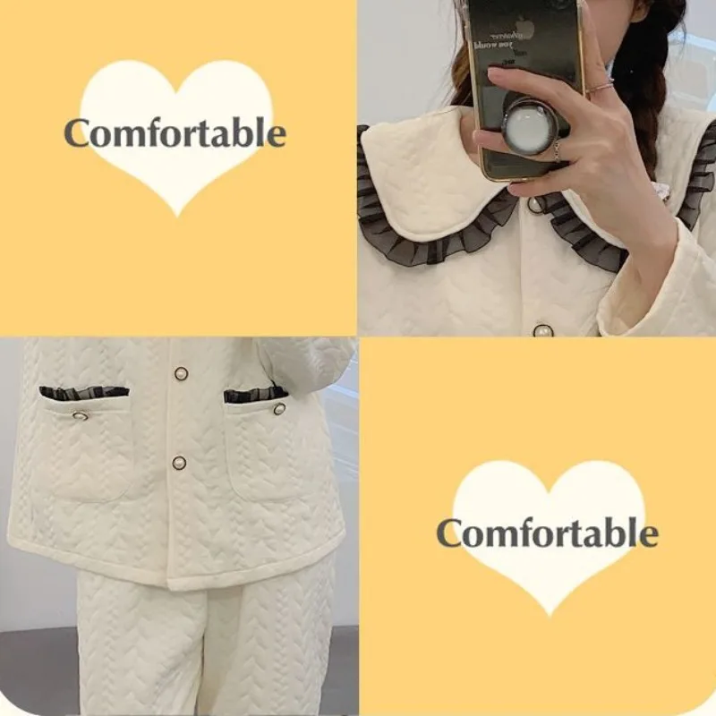 2024 New Air Cotton Pajamas for Women Autumn Winter Sleepwear Pure Cotton Thickened Sandwich Long Sleeved Lounge Set Homewear