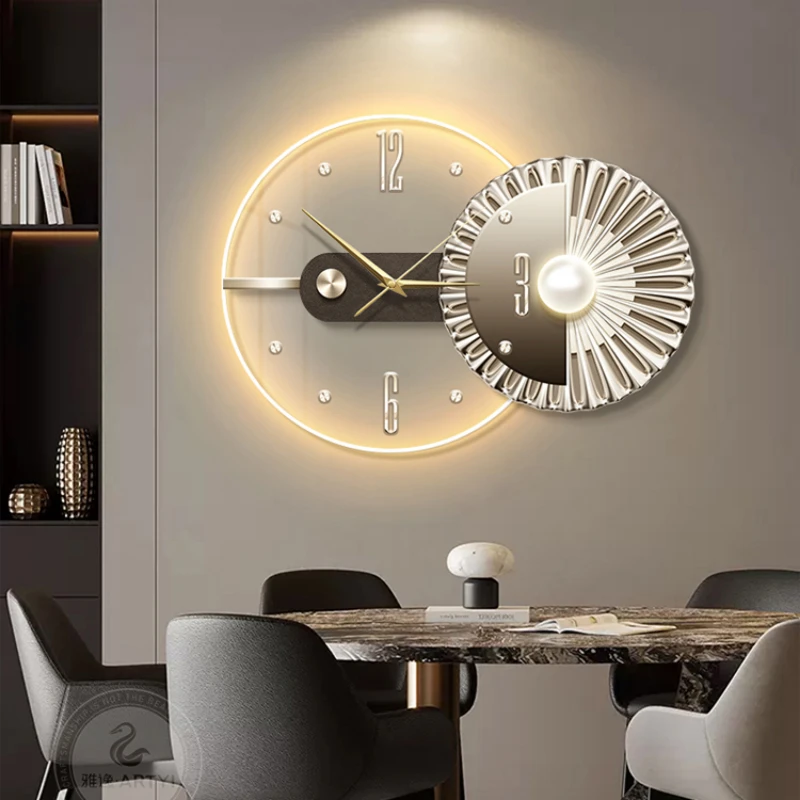 Modern Home Decor with Decorative Painted Wall Clocks Abstract Living Room Decoration Hanging Painting LED Light Circle Clock