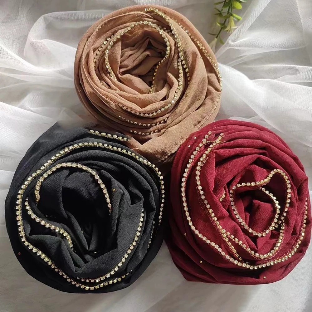Bescheidener Muslimischer Chiffon-Hijab mit Strass und Goldreißverschluss, Islamischer Kopfschmuck für Frauen, Party, Hochzeit, Ramadan, Eid – Detail 3