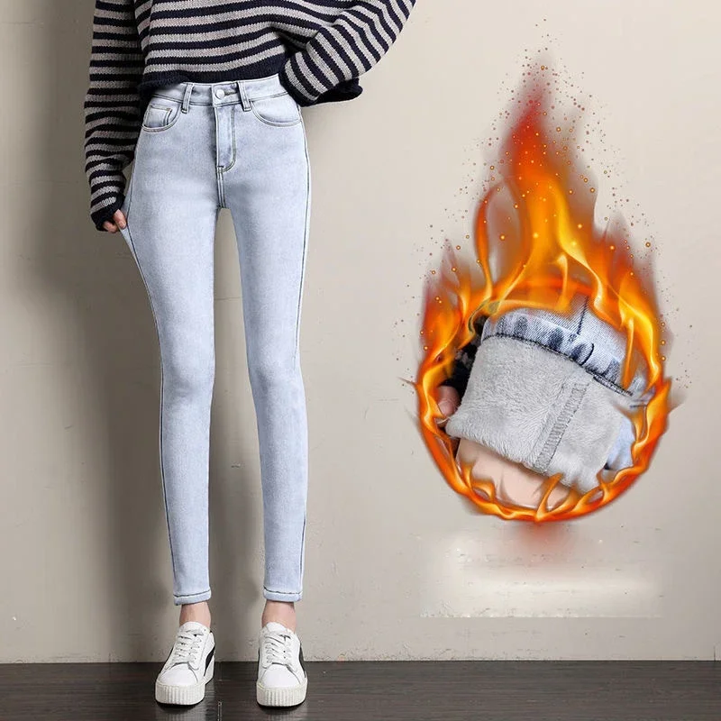 2024 slim Stretch jean High waist plus velvet Winter jeans women Korean Thick warm casual skinny pencil denim Ankle-Length Pants