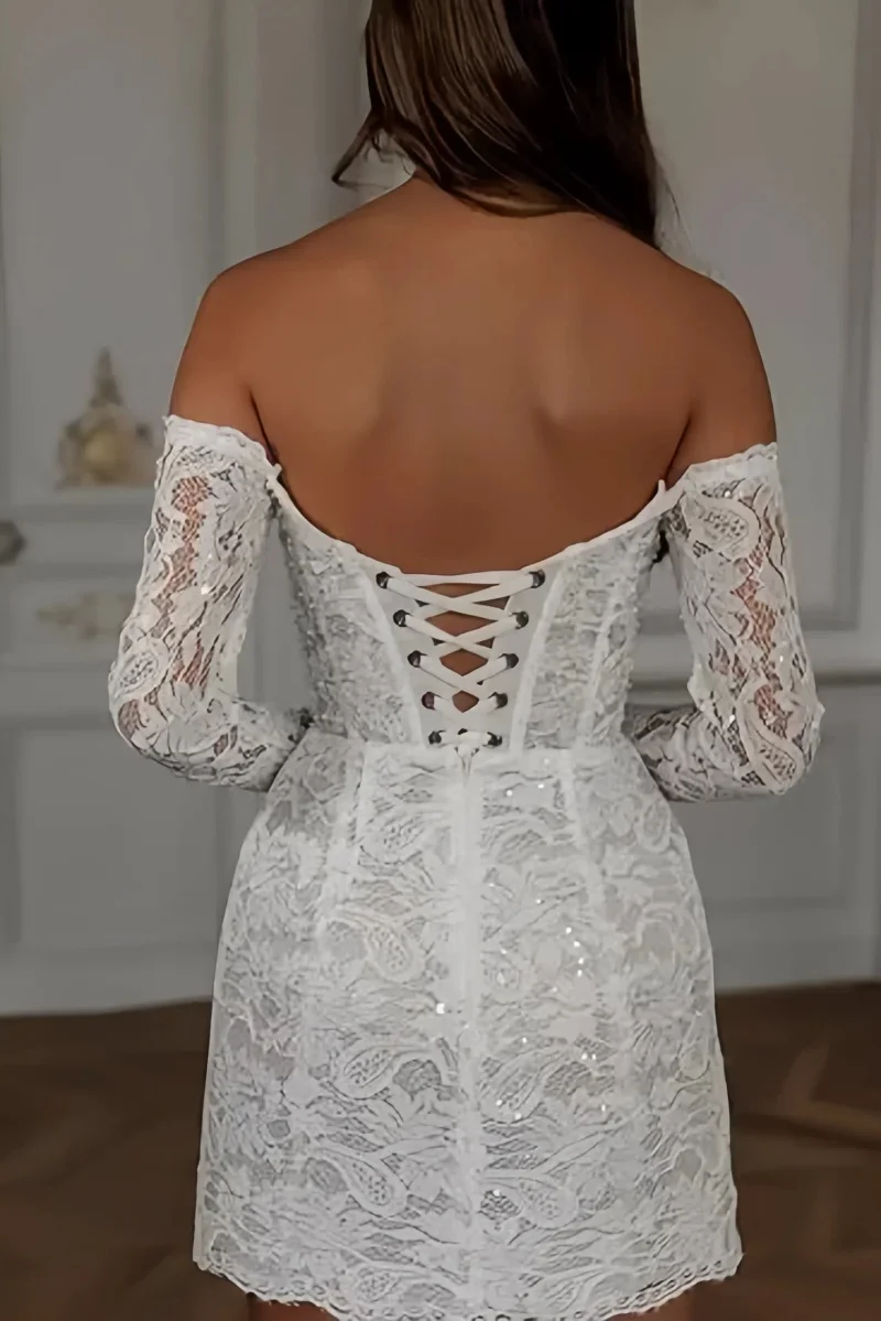 Sparkly Off The Shoulder Long Sleeves Mini Wedding Dresses Sweetheart Lace Applique Flowers Short Bridal Gown with Lace Up Back