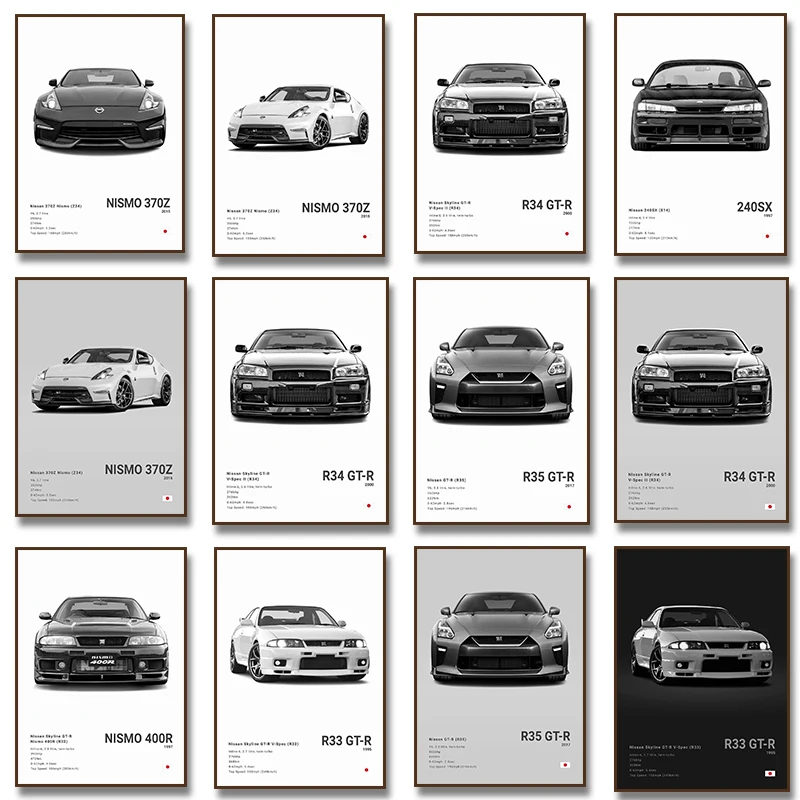 Black and White Japanese Luxury Super Sport Car Poster Aesthetic N-Nissan Skyline R34 Canvas Print Wall Art Garage Room Decor