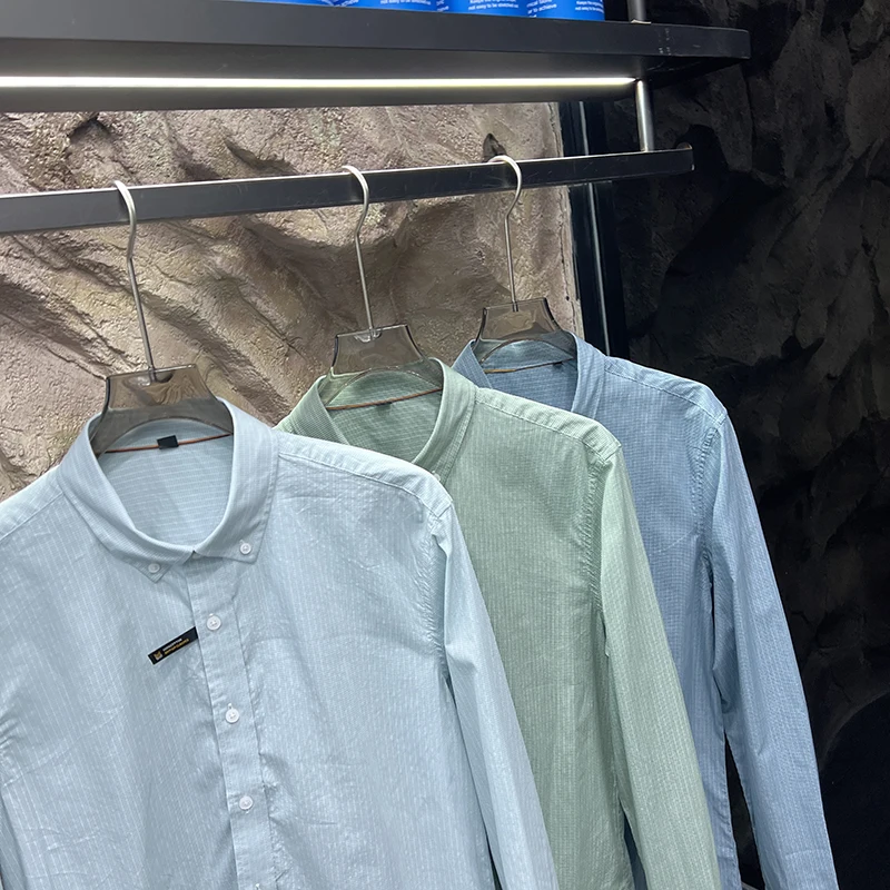 Waed puro algodão longo sve masculino irt primavera outono novo sle busin listra na moda respirável suporte ajuste uso diário