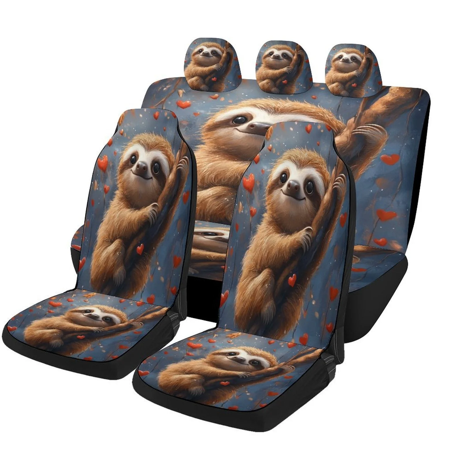Car Seat Cover Set Featuring Adorable Sloth Hearts, Perfect For A Variety Of Vehicles. Stylish And Unique, This Full Set Include
