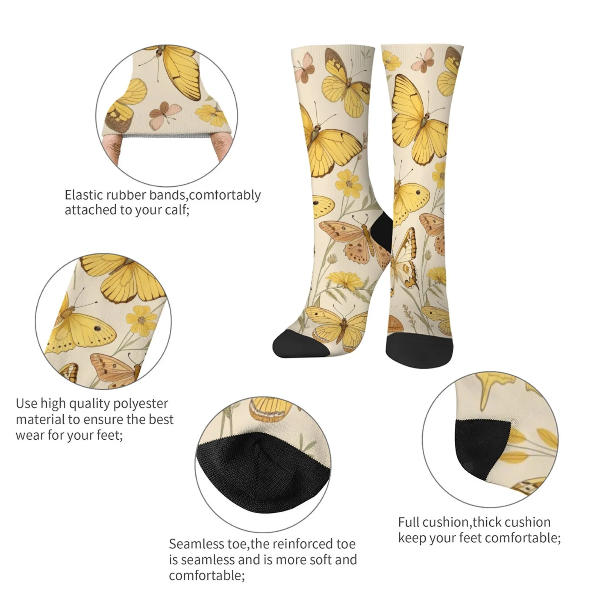 Meias femininas com estampa de borboleta e floral, novidade casual, clássicas, retrô, hip-hop, personalidade, arte
