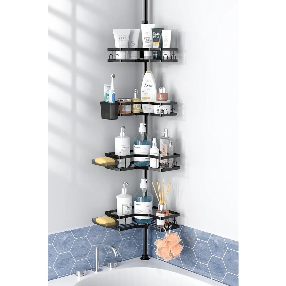 

Corner Shower Caddy Tension Pole: 4tier adjustable Rustproof Bathroom Organizer Shelves - Bathtub shampoo rack 43.5-120 inch