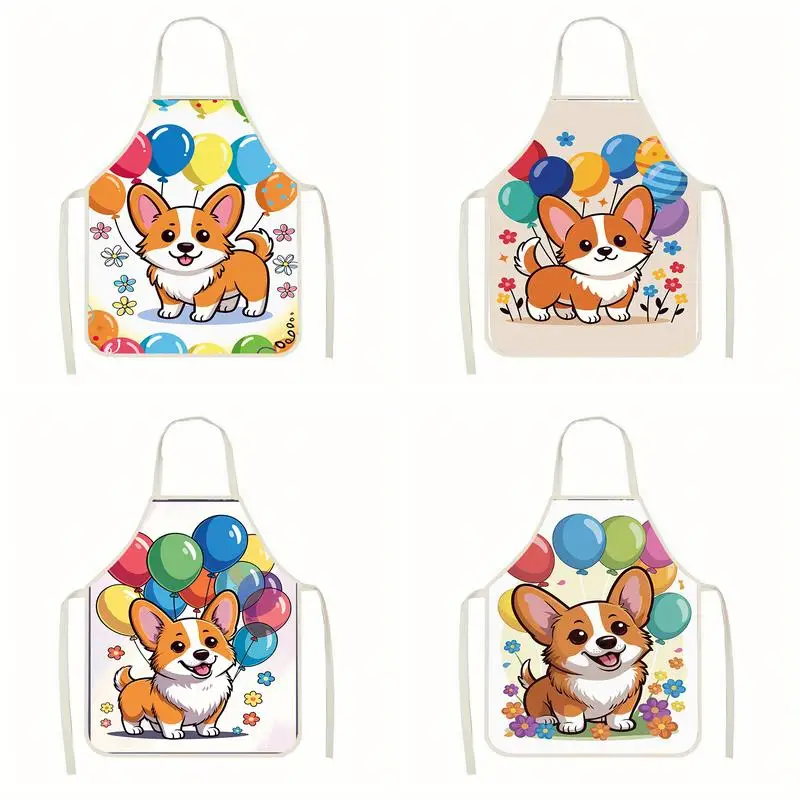 

Cute Corgi With Balloons Linen Apron, Suitable For Kitchen Cooking, Parent-Child Interaction, Painting And Other Scenarios