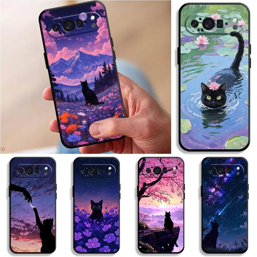 Funda protectora para teléfono Google Pixel 10A 6 7 8 Pro 10 9 Pro XL 6a 7a 9a 8a, diseño de dibujos animados, cielo nocturno, gato