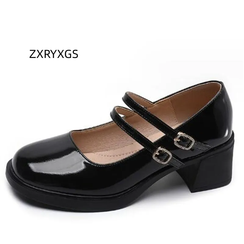 

ZXRYXGS 2023 Autumn Cowhide Patent Leather Women High Heeled Shoes Fashion Elegant Trend Shoes Black White Non-slip Thick Heels