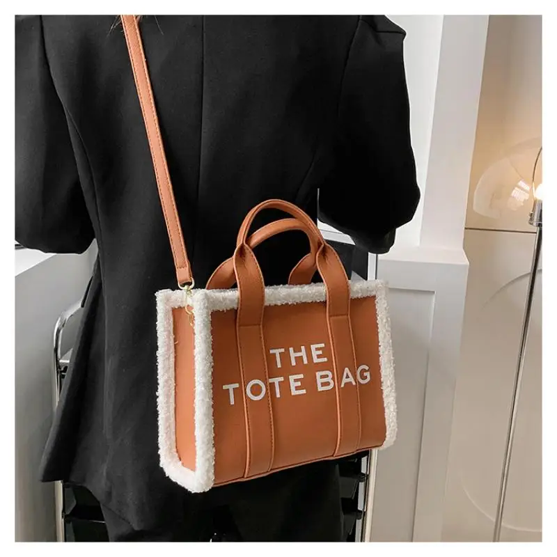 Brand Letter Big Tote Bags for Women Men Pu Lambswool Shoulder Crossbody Bag Plush Large Handbag Ladies Fashion Handle Bags Ins