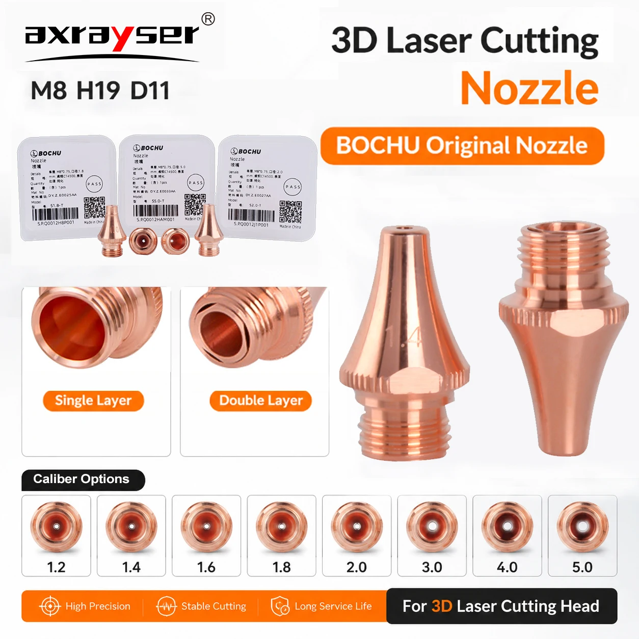 Original BOCHU 3D Laser Cutting Nozzle M8 H19 D11 Single&Double Layer For BOCI Cutting Head BLT421T BLT441T BLT520H BLT540H