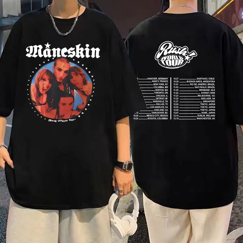 

Italian Rock Band Maneskin Men Women's Fashion Casual Oversized T-shirt Rush World Tour Double Sided Print Tshirt Short Sleeve