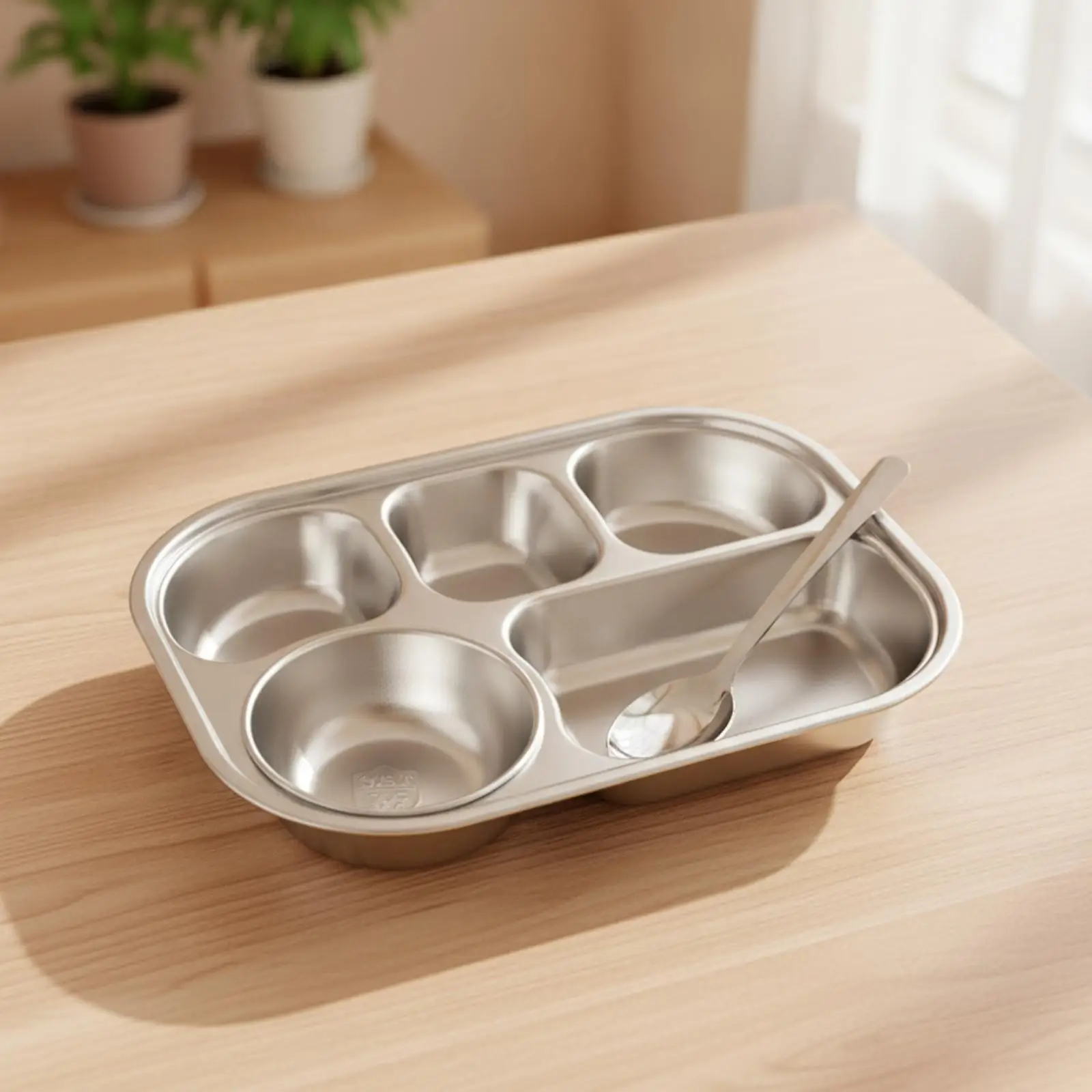 Portable Metal Compartment Tray for School Cafeteria Lunches with Matching Spoon Bowl for Safe Spill Free Serving