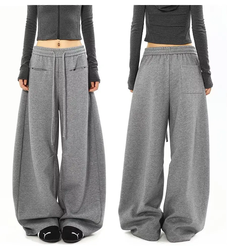 

American Style Women's Sweatpants Casual Drawstring Solid Color Straight Elastic Waist Wide Leg Elastic Baggy Cotton Trousers