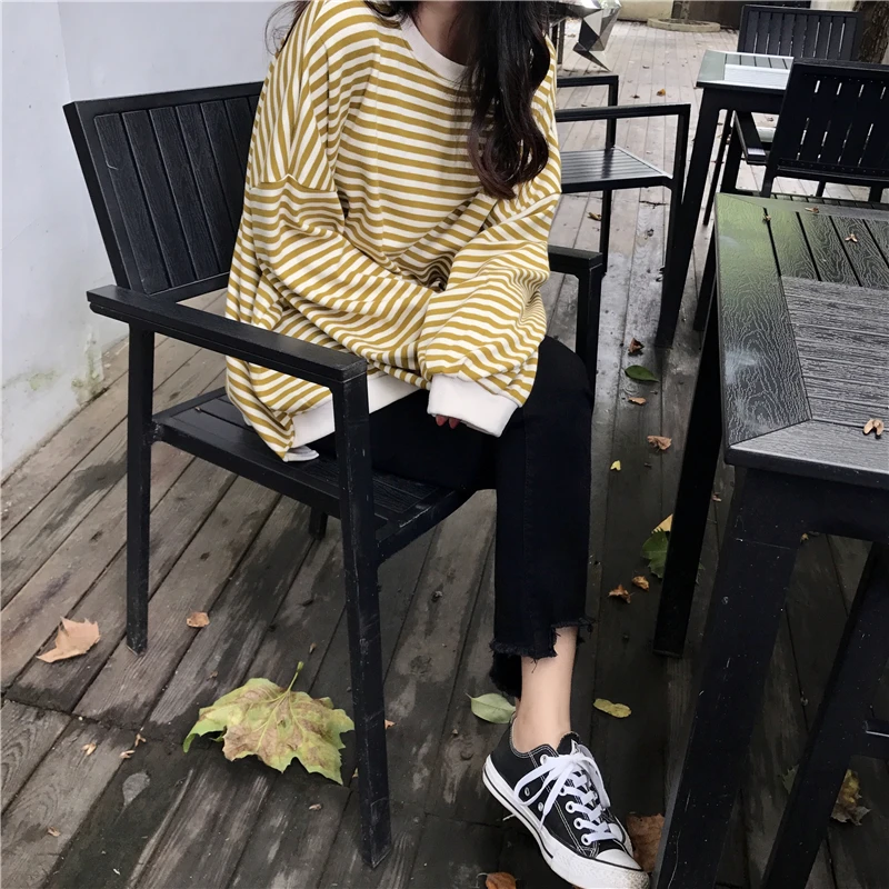 Classic Striped Sweatshirts Women Chic Couples Casual Streetwear Hoodies Female Long Sleeve Tops Students Retro Girlish Clothing