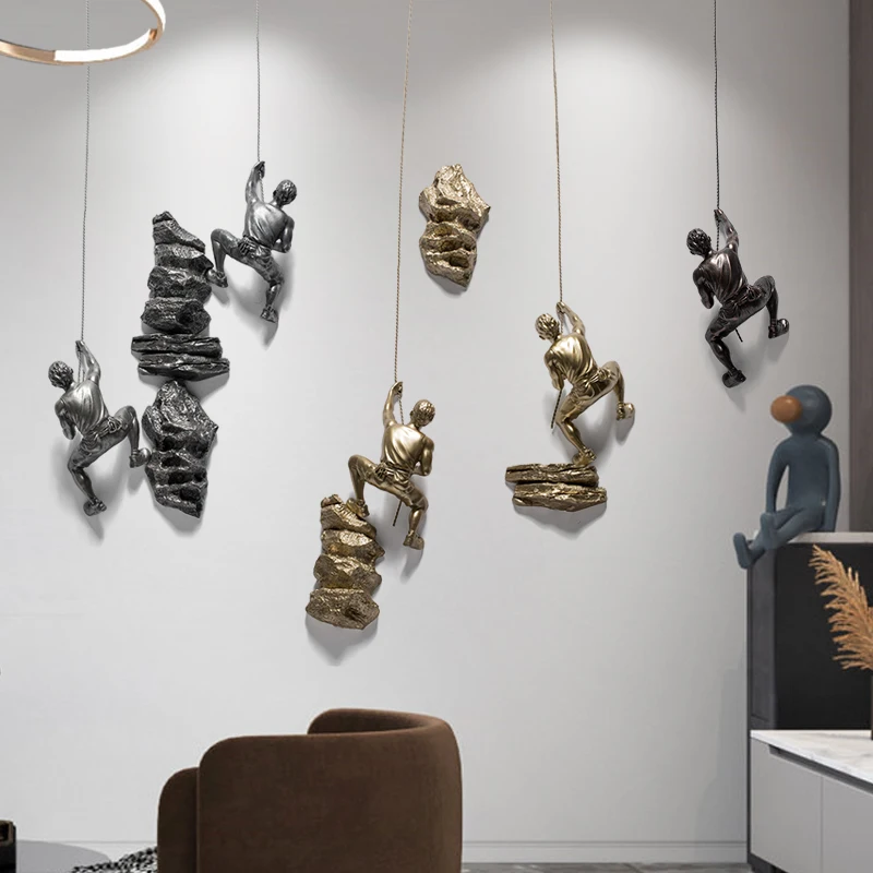 3D Wall Decor Art Hanging Resin Climbing Man Mount Pendant Industrial Style Iron Wire Decoration Sculpture Figures Statue Gift