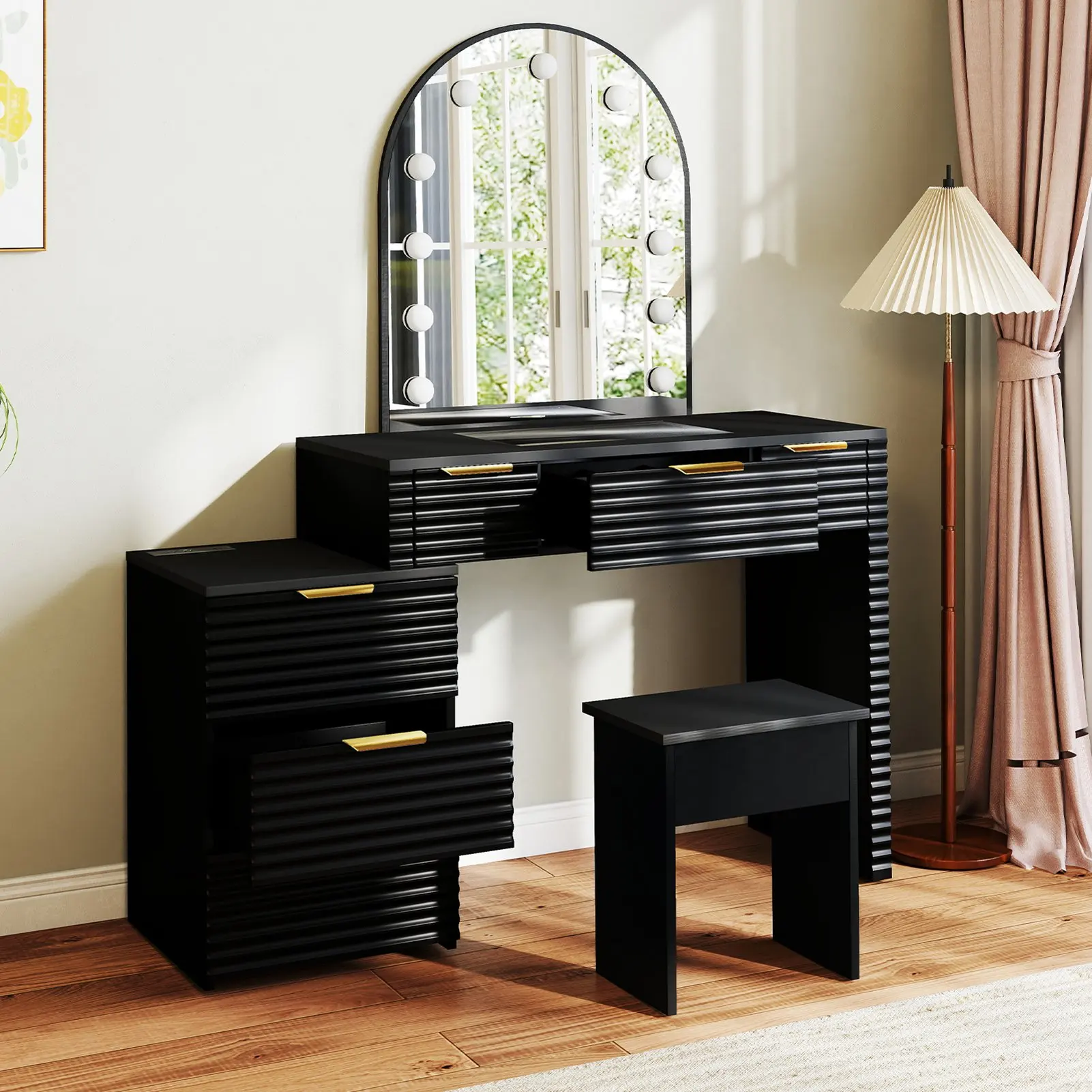 

Makeup Vanity Desk with Mirror Lights Glass Tabletop Vanity Table Modern Makeup Desk with Drawers for Bedroom Black US Plug