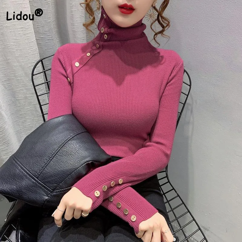 Korean Button Patchwork Simplicity Knitted Tops Women\'s Clothing Autumn Winter Solid Color Slim Sexy Turtleneck Sweaters T-shirt