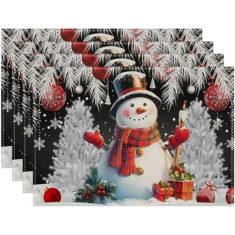 VIKAMA Christmas Linen Placemat, Snowman Plaid Scarf Black Ornaments, Absorbent Easy Clean, Festive Dinner view 2