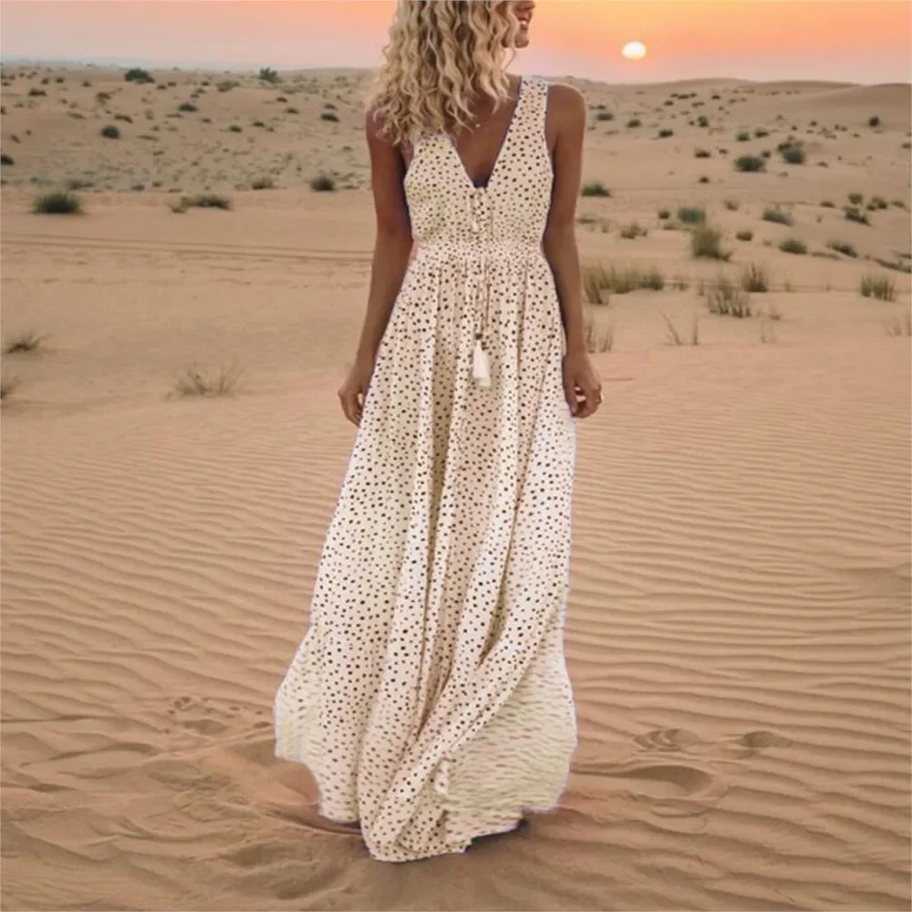 Vestido largo sin mangas con estampado de moda, vestido informal bohemio de verano con cuello en V, vestido holgado de corte A, vestido elegante para fiesta en la playa, bata para mujer