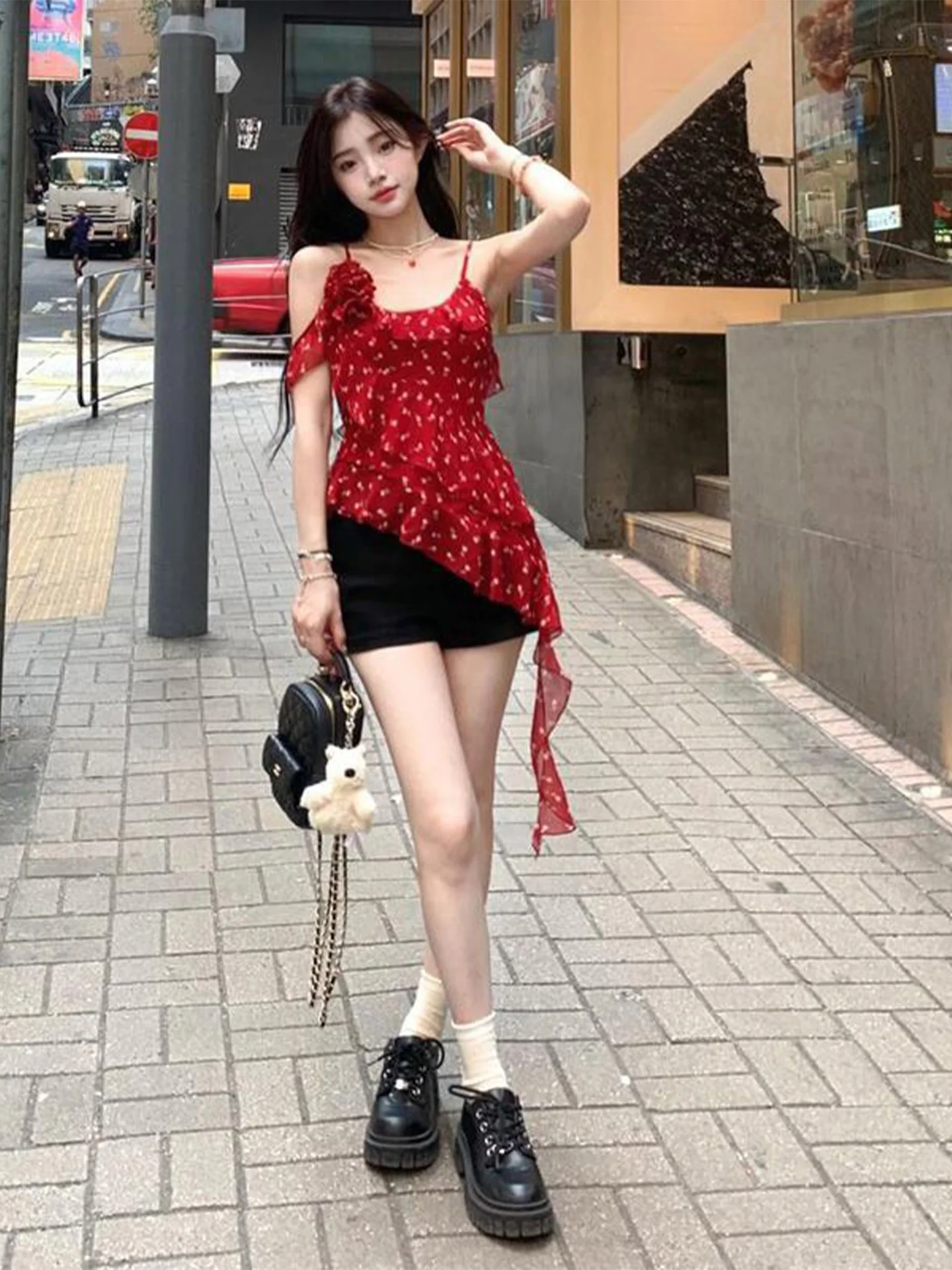 Verão praia sle vermelho floral impressão ter ne colete irregular renda guarnição saes feminino faion commute fino ajuste comprimento regular