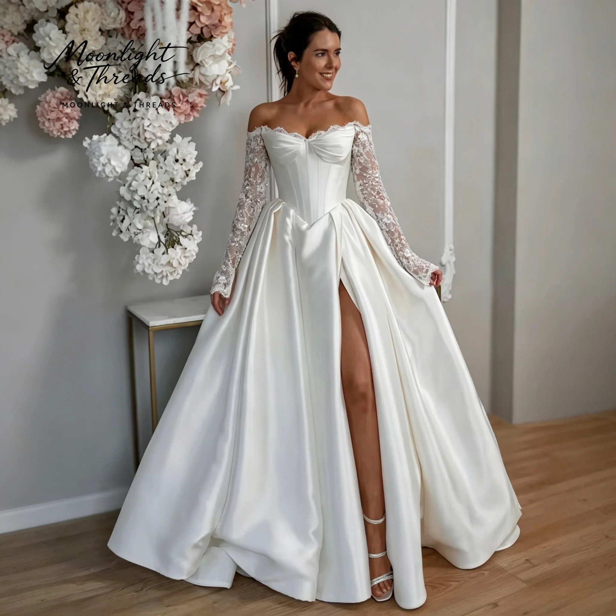 Off‑The‑Shoulder Satin Wedding Dress Detachable Lace Long Sleeve Ball Gown High Slit Chapel Train Bridal Gown 4
