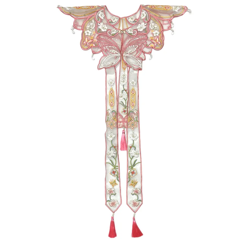 Chinese Hanfu Yunjian Shoulder Collar Butterfly Embroidery Tassel Shawl Vintage Traditional Costume Accessory for Women