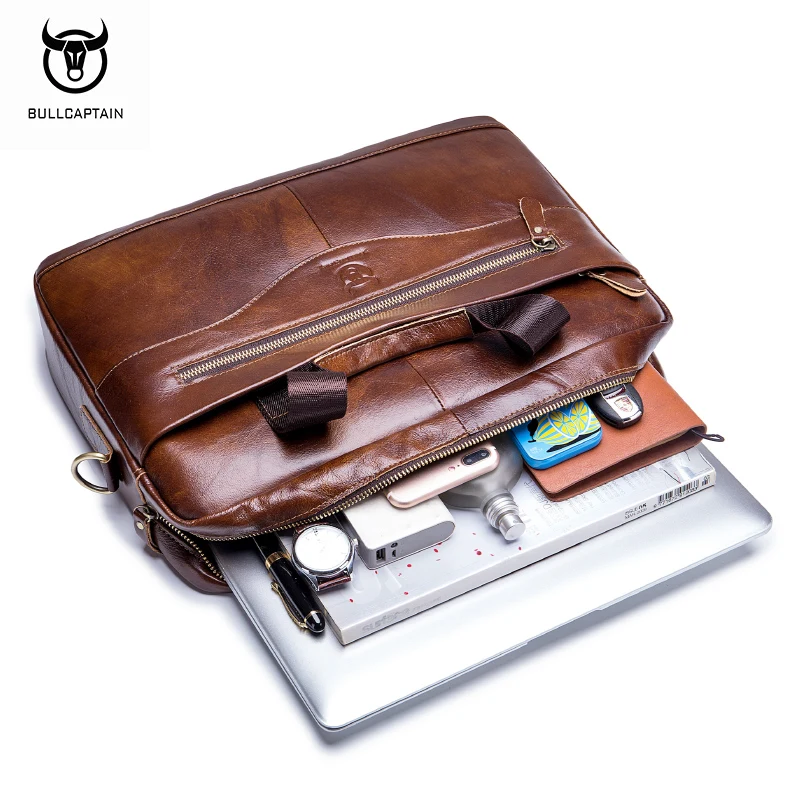 BULLCAPTAIN New Cowhide Men\'s Business Briefcase/Leather Retro Men\'s Messenger Bag/Large Capacity Leisure Business Bag/Handbag