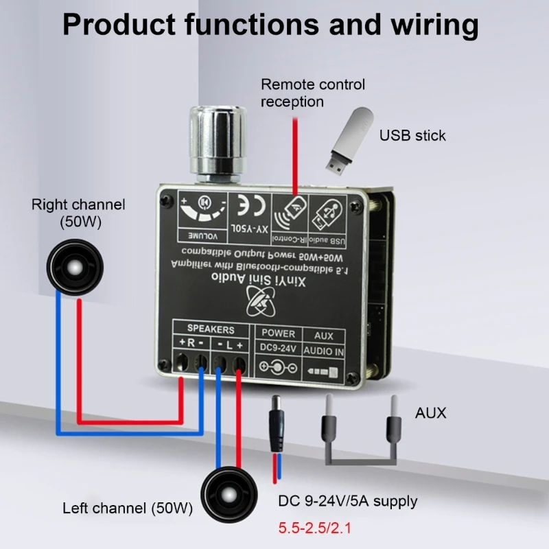 DC9-24V/5A Bluetooth-compatible Amplifiers Sound Board 50Wx2 Highly Power Amplifiers Module 50W Output Multiple Input Interfaces