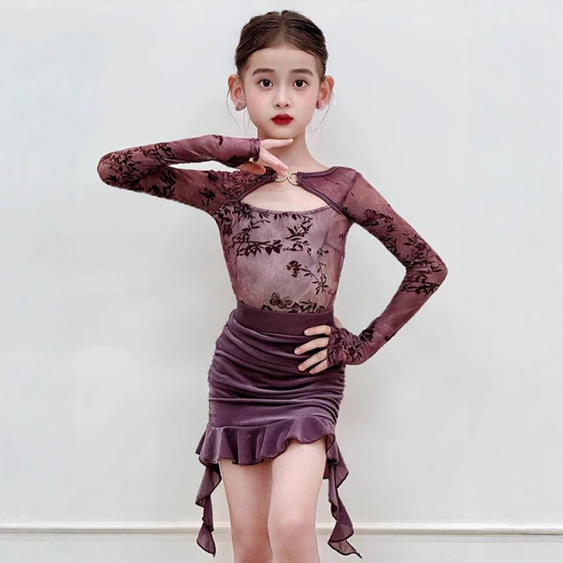 

Детский костюм для латинских танцев для девочек, сетчатое боди с длинными рукавами и бархатные юбки, бальное платье для выступлений в стиле румба