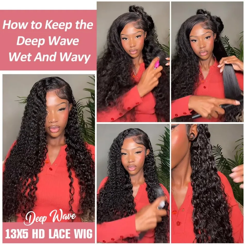 30 Inch Deep Wave Lace Front Wigs Human Hair 210 Density 13X6 Hd Lace Front Wigs Human Hair Pre Plucked Pre Bleached Knots Brazilian Curly Wig Wet Wavy For Women Natural Black view 8