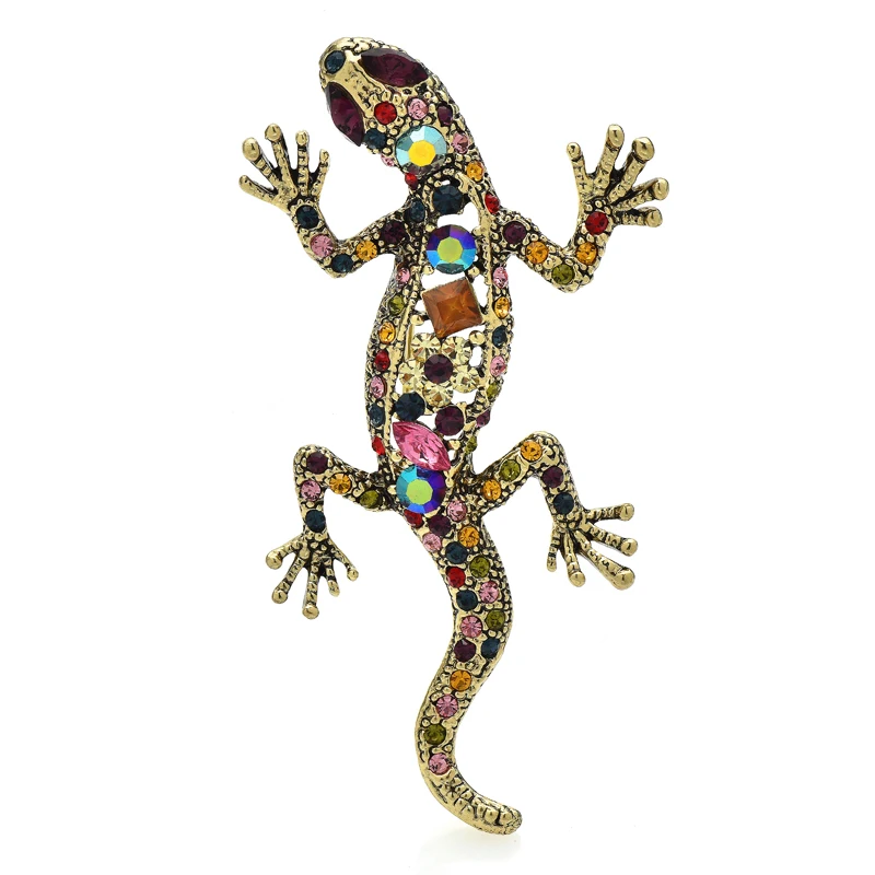 Wuli&baby Vintage Gecko Brooches For Women Men Beauty Multicolor Rhinestone Lizard Party Casual Brooch Pin Gifts