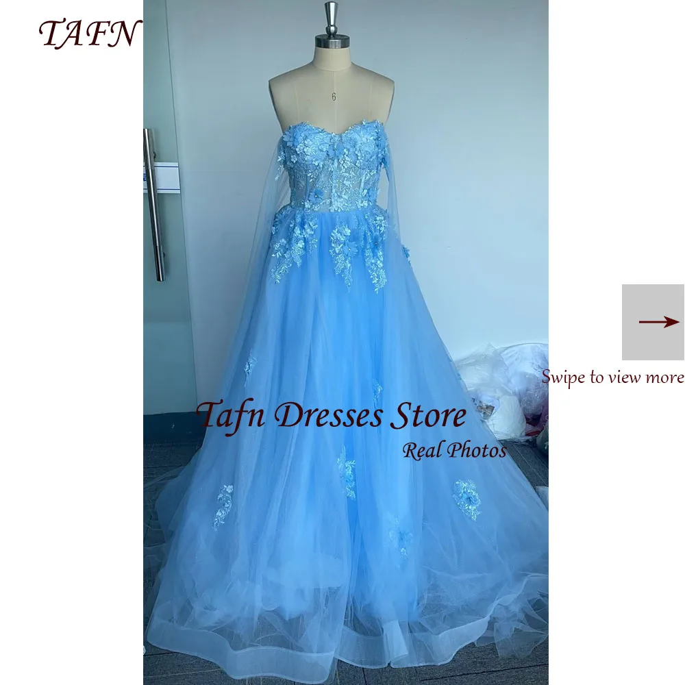 

TAFN Real Photos Evening Dresses Luxury Floral Appliques Blue Long Prom Gown Tulle vestidos de fiesta Adjustable Shoulder Straps